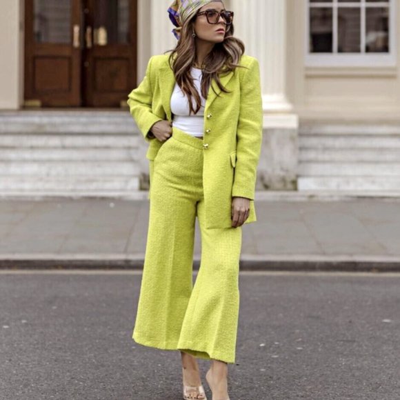 ZARA Women NEW TEXTURED WEAVE BLAZER LONG JACKET LIME GREEN 2813/469 XS S - Picture 6 of 10